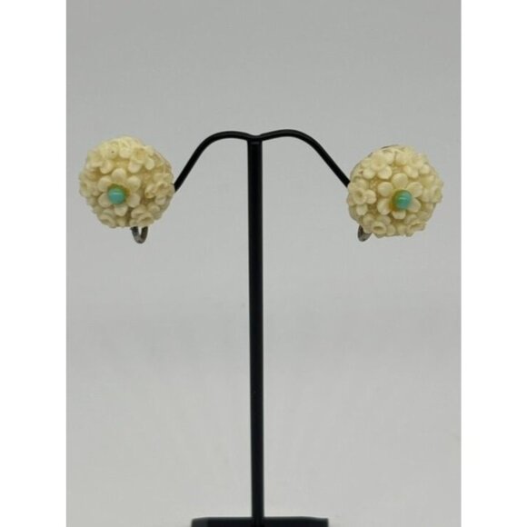 Vintage Earrings Carved Lucite/Resin Flowers Faux Turquoise Screw-Back, Unsigned - Picture 7 of 9